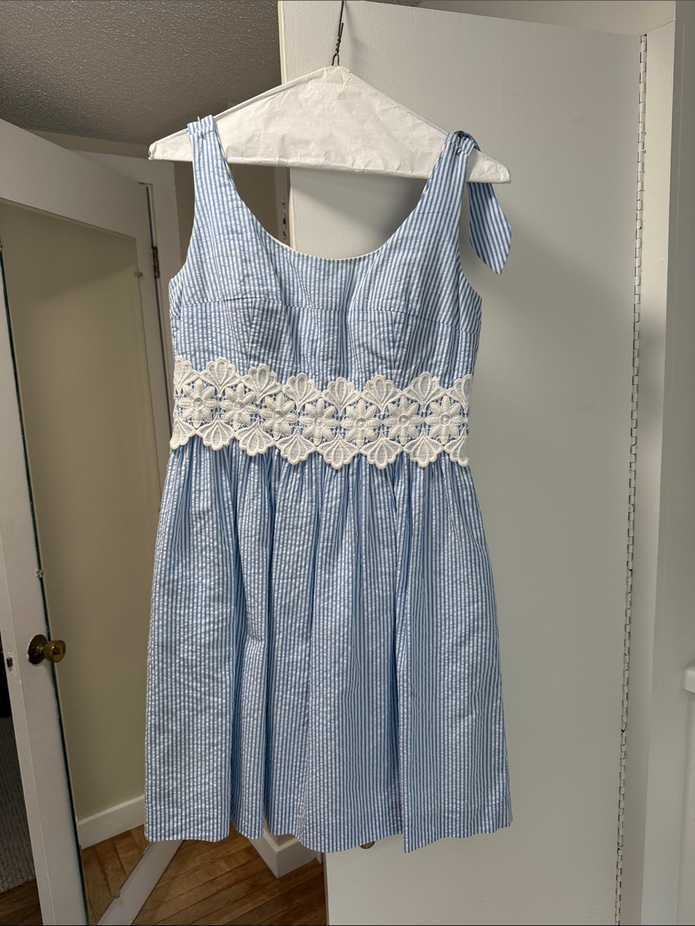 Lilly Pulitzer Light Blue and White Striped Seersucker Dress with Lace Waist